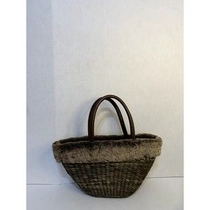 Bath Body Works Tote Bag  Brown Wicker Rattan Faux Fur, Spacious, lined interior